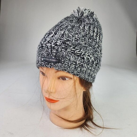 Rebecca Minkoff Black Gray Winter Beanie Pom Pom Knit Hat Snow Beanie Hats - Picture 3 of 8
